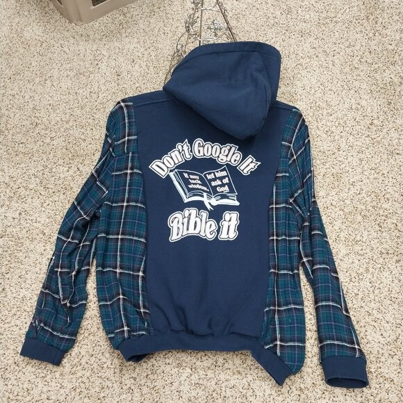 3228 Size XL Gildan Got Questions Upcycled Hoodie, In Blue, Purple and White. - Picture 4 of 8